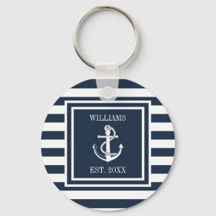 Family Name Navy Blue Striped Nautical Boat Anchor Keychain