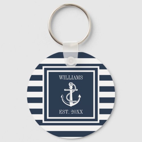 Family Name Navy Blue Striped Nautical Boat Anchor Keychain