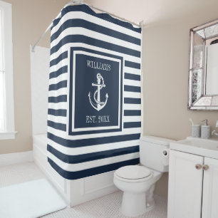 Family Name Navy Blue Striped Nautical Boat Anchor Shower Curtain