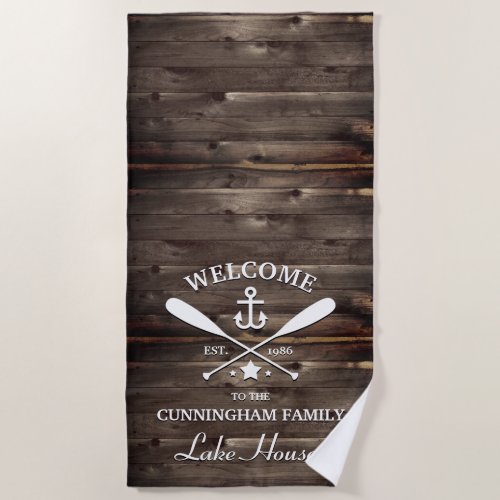 Family Name | Oars and Anchor Custom Beach Towel - Fun "welcome to the lake house" customized beach towel.  Change the name, the year and the name of your vacation getaway (beach house, cottage, summer house, etc.) to make this a wonderfully unique gift.