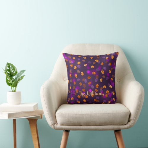 Family Name on Halloween Happy Pumpkins Bokeh Throw Pillow