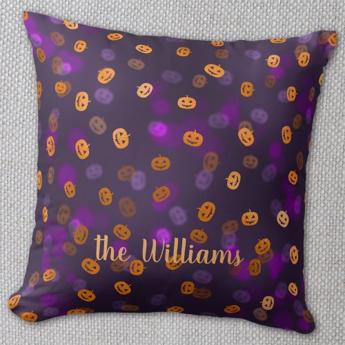 Family Name on Halloween Happy Pumpkins Bokeh Throw Pillow