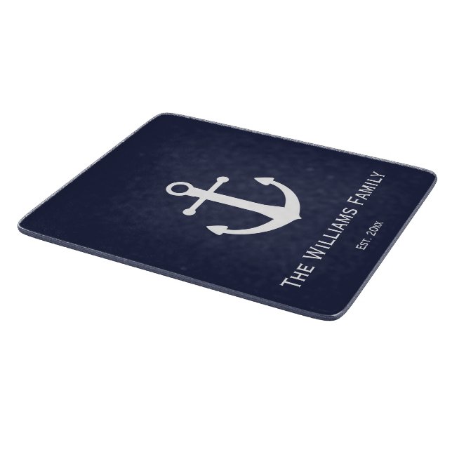 Family Name on Nautical Blue and White Cutting Board (Corner)