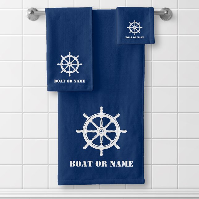 Family Name or Boat Nautical Ship Wheel Helm Navy Bath Towel Set (Creator Uploaded)
