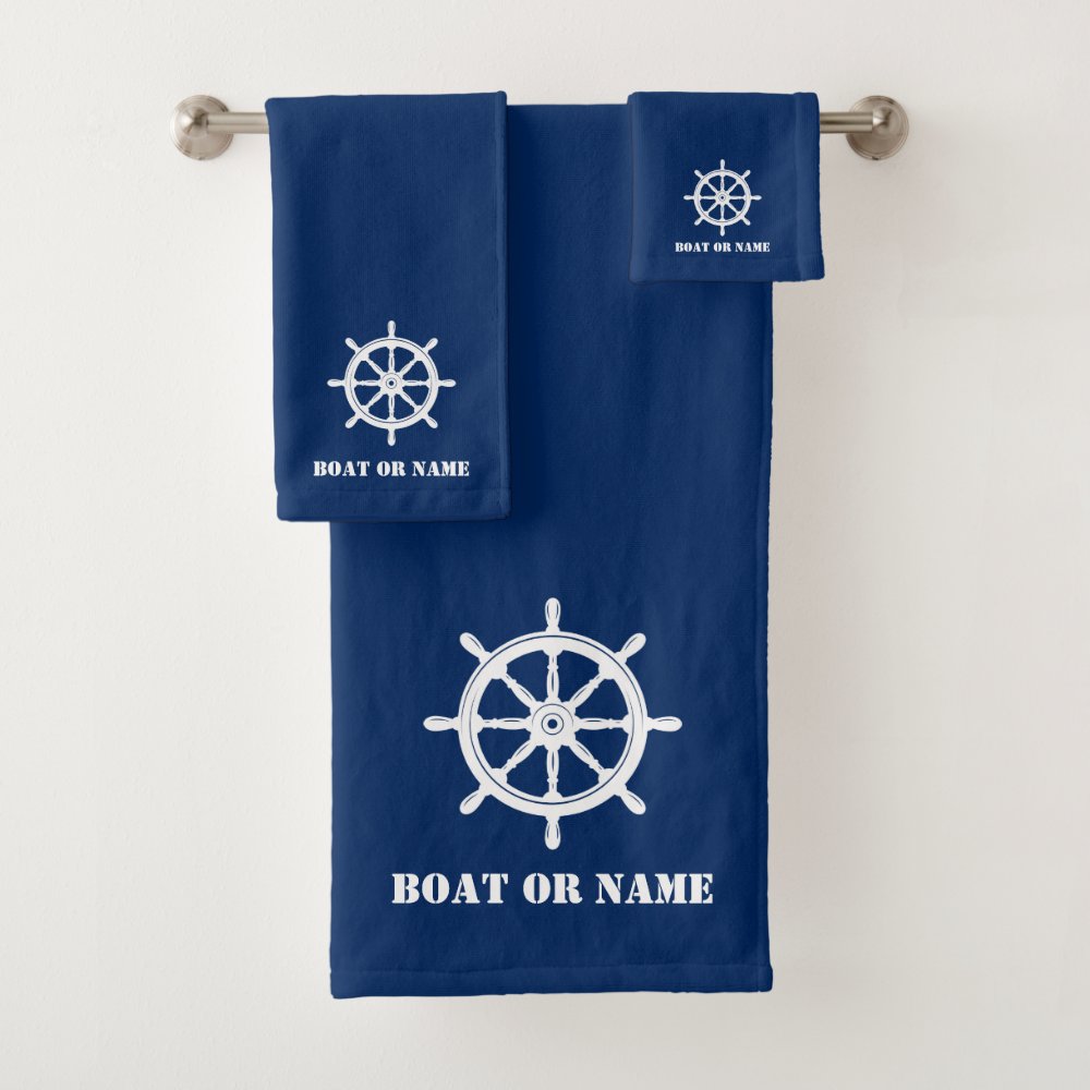 Disover Family Name or Boat Nautical Ship Wheel Helm Navy Bath Towel Set