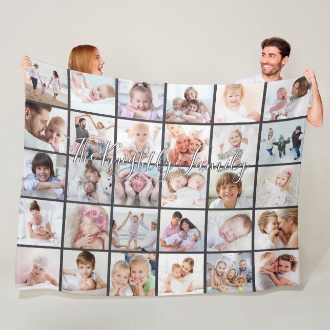 Family Name Overlay 30 Photo Collage Template Gray Fleece Blanket (In Situ)