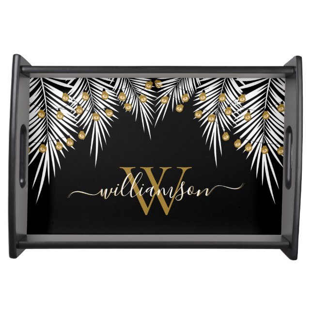 Family Name Palms Gold String Lights on Black Serving Tray (Front)