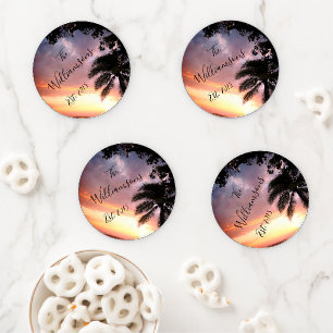 Family Name Personalized Palm Tree Sunset Coaster Set