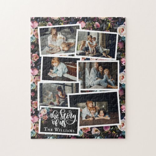 Family Name Photo Collage  Floral on Black Jigsaw Puzzle