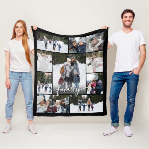 Family Name Photo Collage Modern Script 11 Photos Fleece Blanket