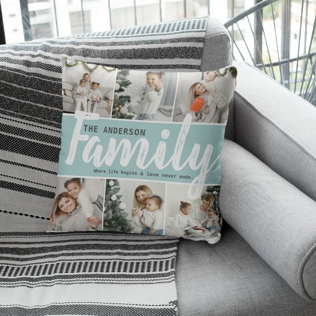Family Name, Photo Collage & Quote Throw Pillow (Creator Uploaded)