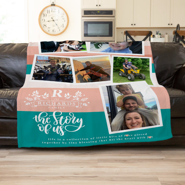 Family Name Photo Collage | Teal & Pink  Fleece Blanket