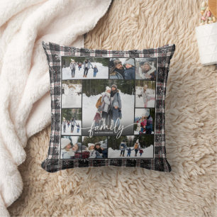 Family Name Photo Collage Winter Plaid Snowflakes Throw Pillow