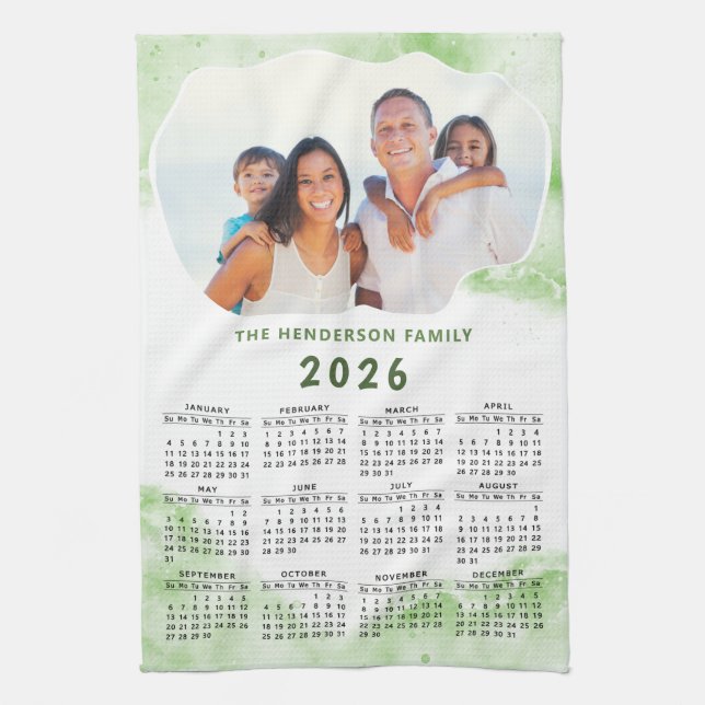 Family Name Photo Green White 2026 Calendar Kitchen Towel (Vertical)