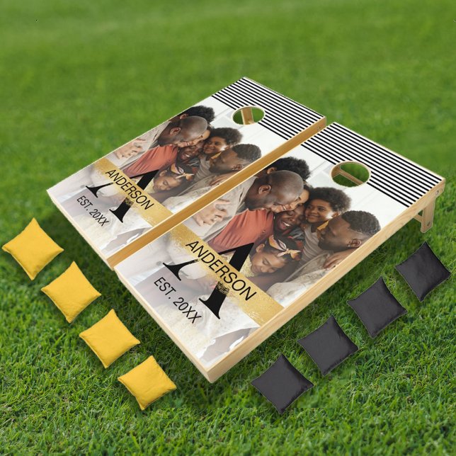 Family Name Photo Monogrammed Gold Cornhole Set (The glitter details are simulated in the artwork. No actual glitter will be used in the making of th)
