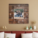 Family Name Photo Rustic Wood  Square Wall Clock<br><div class="desc">A rustic wood wall clock personalized with family name and photo.</div>