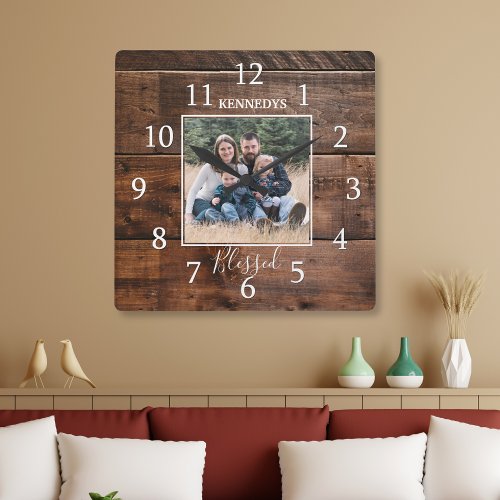 Family Name Photo Rustic Wood  Square Wall Clock