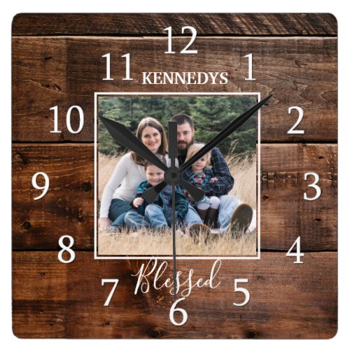 Family Name Photo Rustic Wood Square Wall Clock