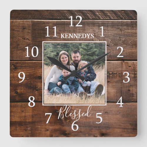 Family Name Photo Rustic Wood  Square Wall Clock