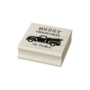 Family name Pine Tree Truck Christmas Rubber Stamp