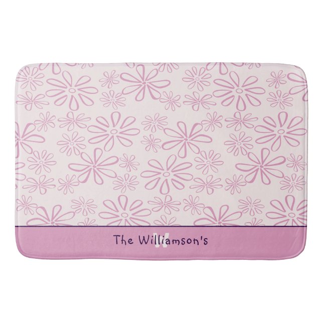  Family Name & Pink & Blush Floral Doodle Pattern Bath Mat (Front)