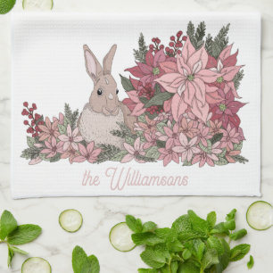 Family Name Pink Flowers and Rabbit Christmas Kitchen Towel