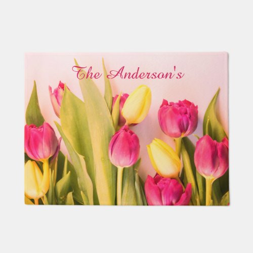 Family Name Pink  Yellow Tulips Doormat