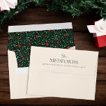 Family Name Pre-Addressed Christmas Floral Pattern Envelope<br><div class="desc">These stylish pre-addressed envelopes highlight your last name on the back flap (in dark green),  with your address in one line underneath. The inside contains a hand drawn Christmas floral pattern in red,  green,  and ivory over a dark green background.</div>