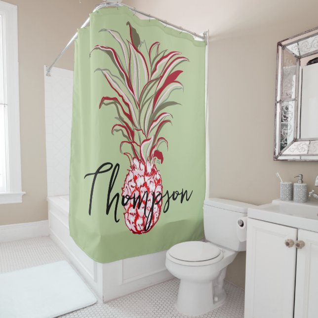 Family name pretty illustration of pineapple green shower curtain (In Situ)