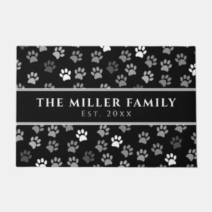 Family Name Puppy Dog Print Black & White Doormat