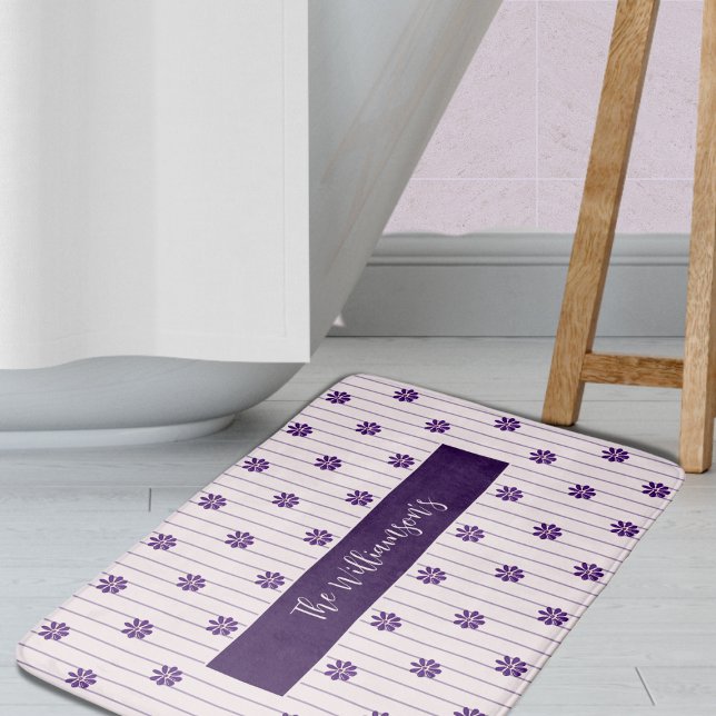 Family Name Purple Flowers, Blush & Violet Striped Bath Mat (Family Name Purple Flowers, Blush & Violet Striped Bath Mat)