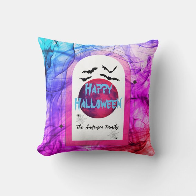 Family Name Purple Pink Modern Happy Halloween  Throw Pillow (Front)