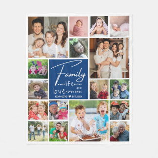 Family Name Quote 17 Photo Collage Blue And White Fleece Blanket