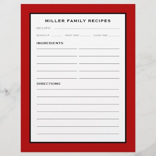 Family Name Recipe Insert  Red Black  White