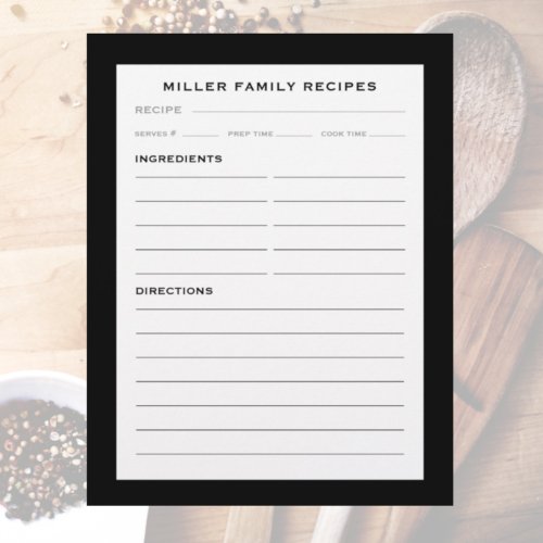 Family Name Recipe Insert  Simple Black  White