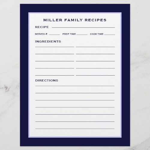 Family Name Recipe Page  Simple Navy Blue  White