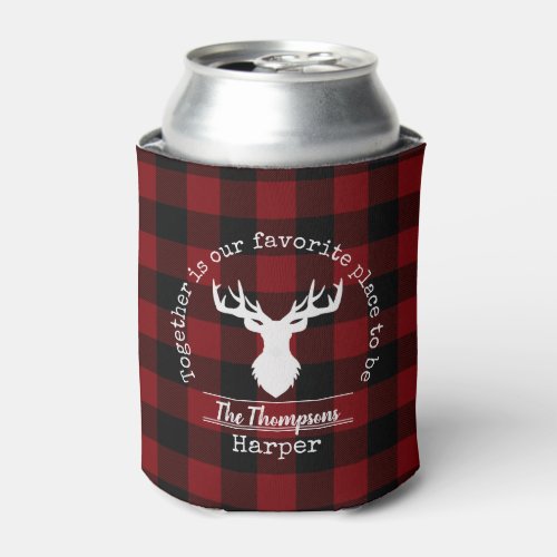 Family Name Red and Black Buffalo Plaid Can Cooler