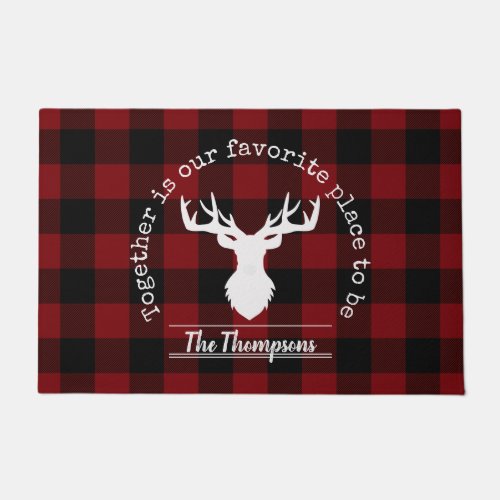 Family Name Red and Black Buffalo Plaid Doormat