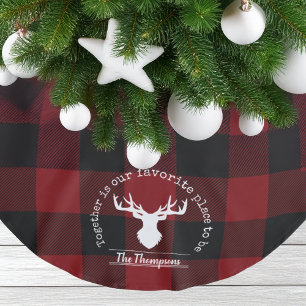 Family Name Red and Black Buffalo Plaid Farmhouse Brushed Polyester Tree Skirt