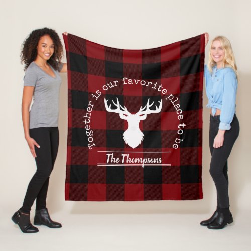 Family Name Red and Black Buffalo Plaid Fleece Blanket