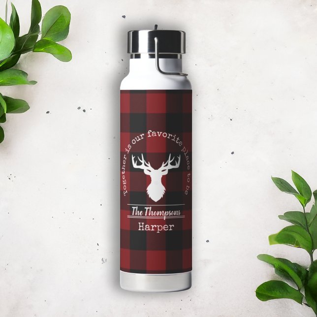 Family Name Red and Black Buffalo Plaid Water Bottle (Creator Uploaded)