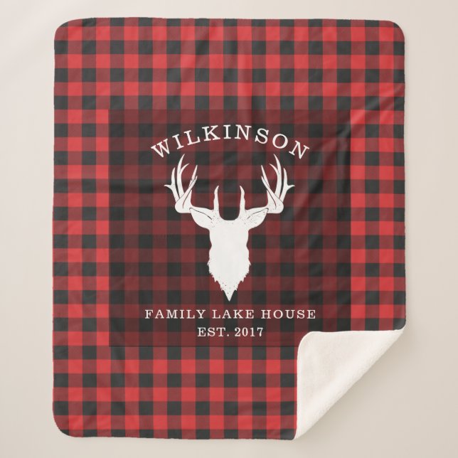 Family Name Red Buffalo Lumberjack Plaid Lake Sherpa Blanket (Front)