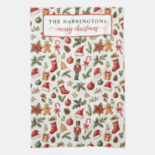 Family Name Red Green Watercolor Christmas Pattern Kitchen Towel