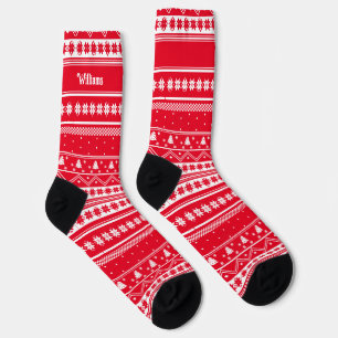 Family Name Red Nordic Sweater Christmas Pattern Socks