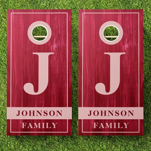 Family Name Red Rustic Country Wood Monogram Cornhole Set