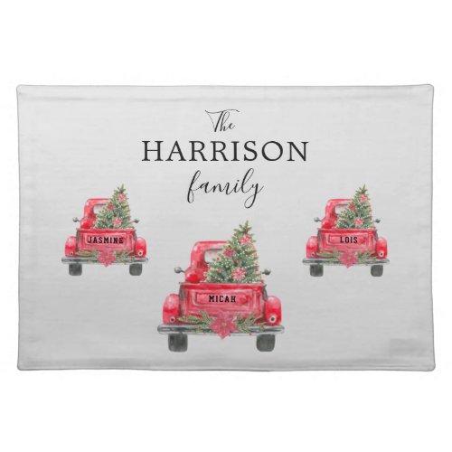 Family Name Red Truck Christmas Pine Tree Cloth Placemat