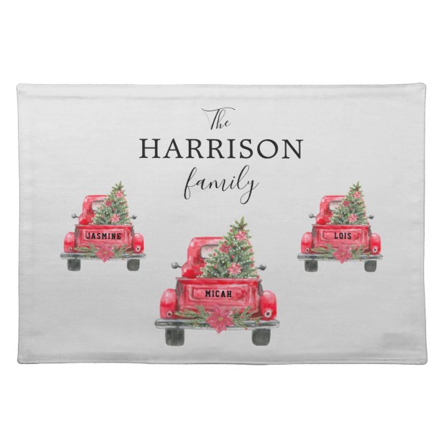 Family Name Red Truck Christmas Pine Tree Cloth Placemat (Front)