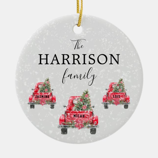 Family Name Red Truck Christmas Tree Holiday Ceram Ceramic Ornament (Front)