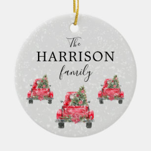 Family Name Red Truck Christmas Tree Holiday Ceramic Ornament