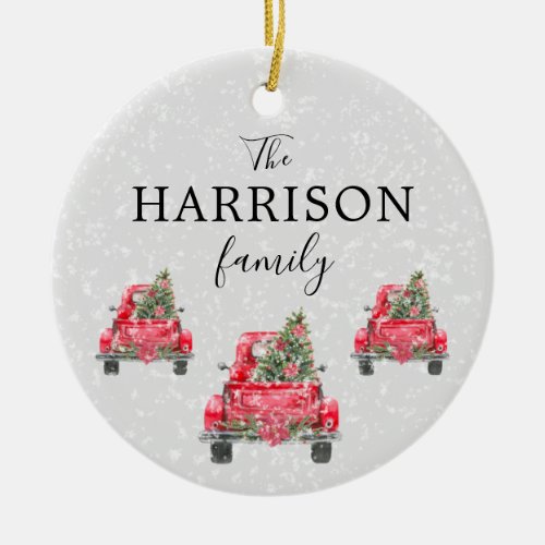 Family Name Red Truck Christmas Tree Holiday Ceramic Ornament